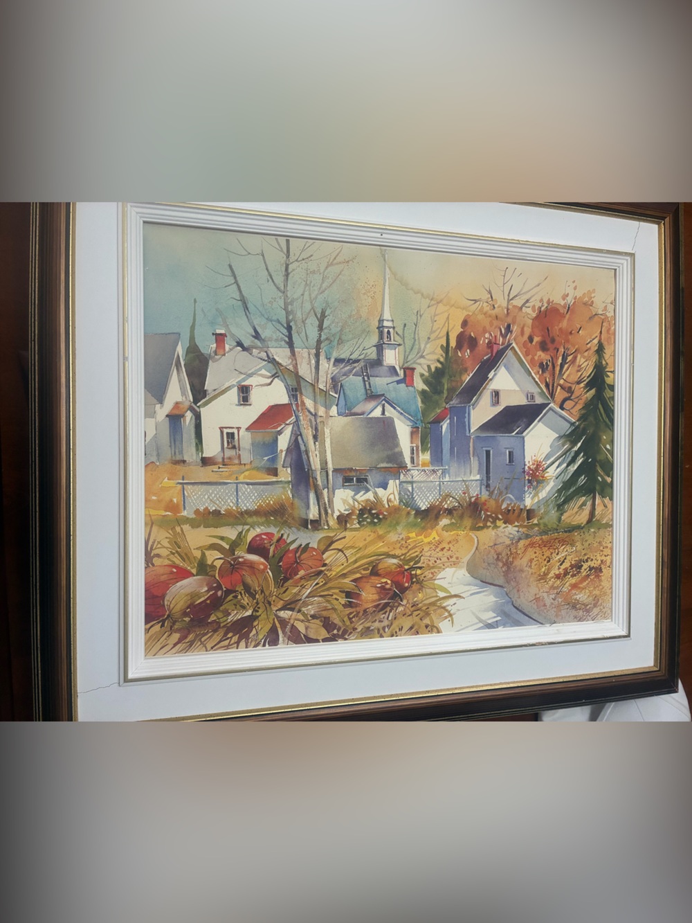 Autumn Village Watercolor Art Print in Orange and Blue